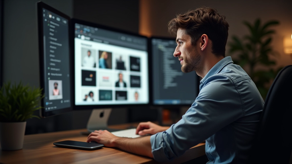 Designer che organizza progetti su schermo, visualizzazione di griglia di portfolio, desk creativo con monitor