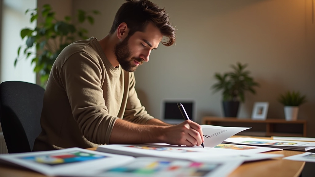 Designer che analizza i propri lavori passati, sketches e note sparse su una scrivania, ambiente di studio creativo con luce naturale