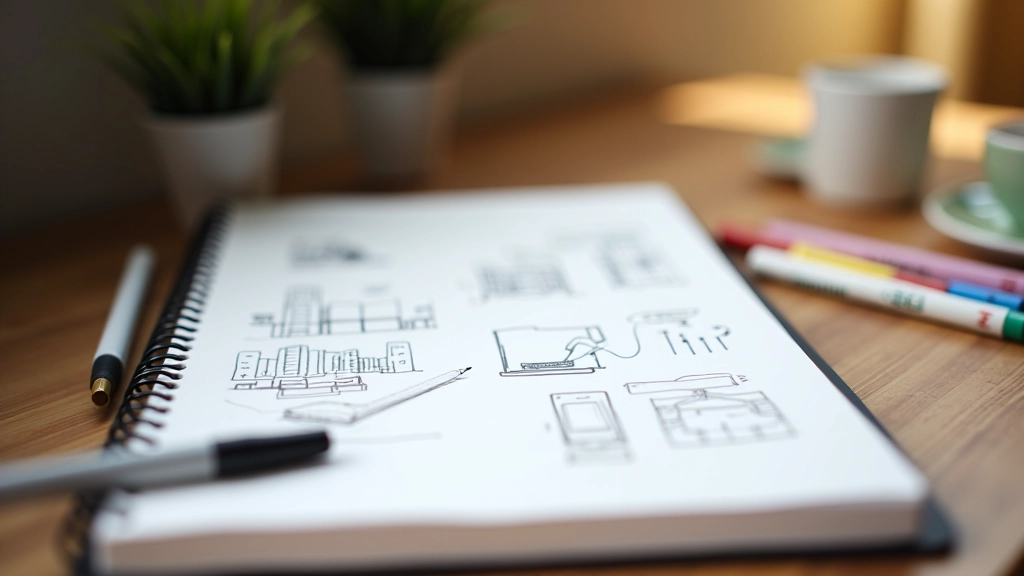 Quaderno di progettazione aperto con sketch, annotazioni e note sulla ricerca di un progetto in corso, matita e pennarelli colorati accanto