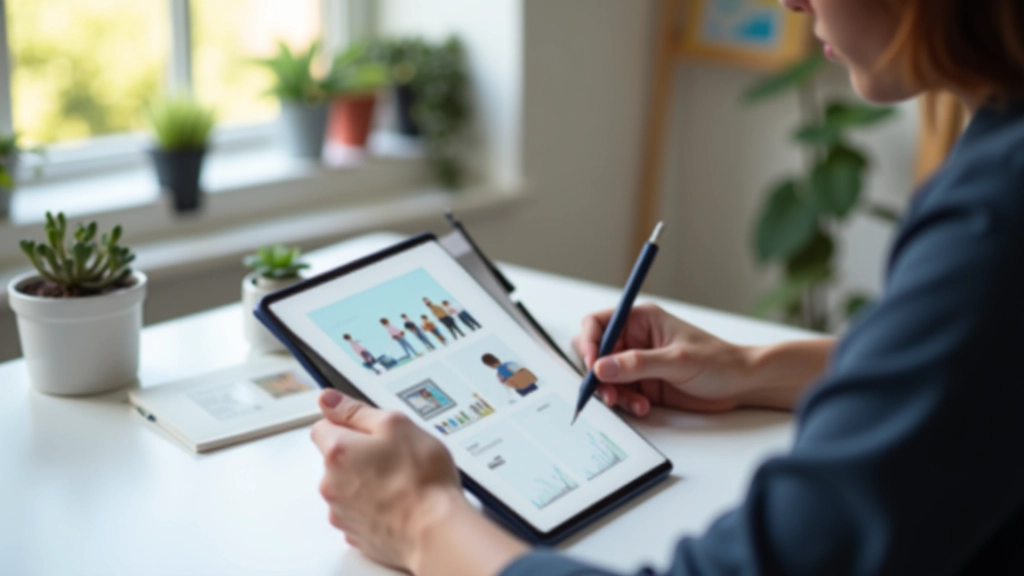 Designer che esamina il layout di un portfolio su tablet con note scritte a mano