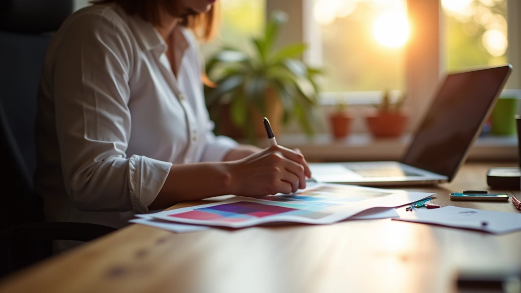 Designer che lavora al computer con tavoletta grafica e campioni di colore sulla scrivania