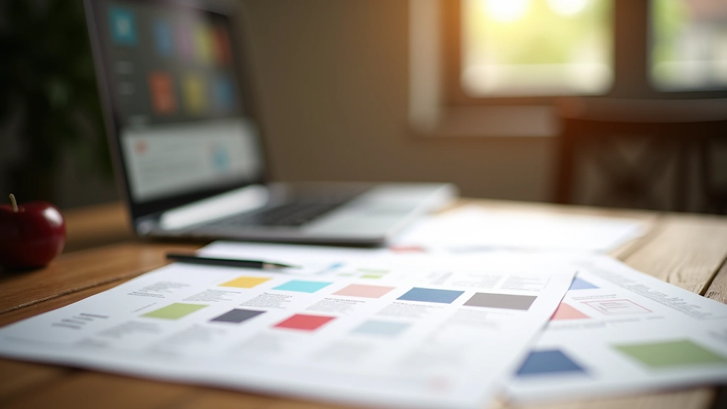 Palette di colori coordinate, campioni di texture, font examples e linee guida di design disposte su tavolo di lavoro pulito