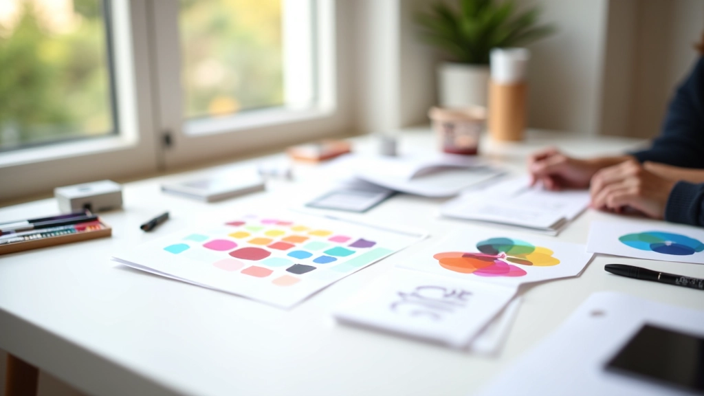 Palette di colori e campioni di design disposti su una scrivania con matite colorate e quaderno di schizzi