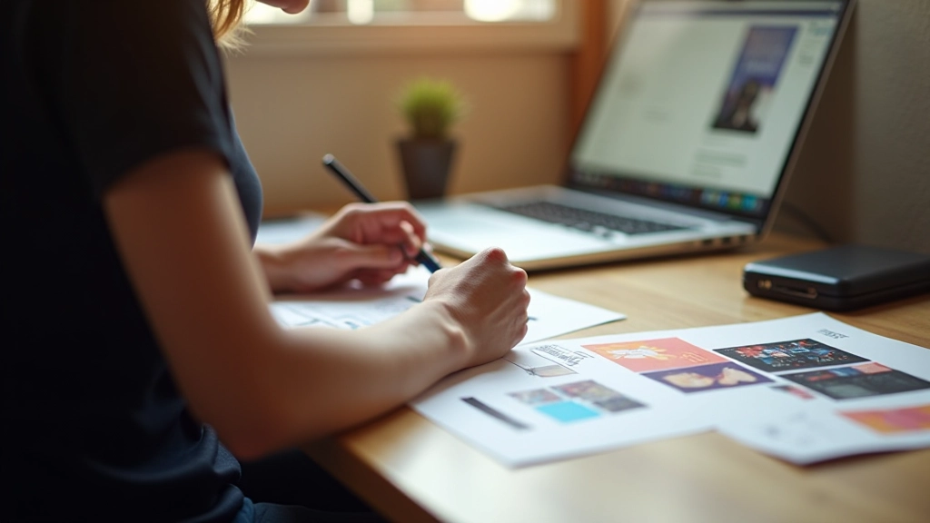 Freelancer che pianifica la strategia del portfolio con note, schizzi e mockup sulla scrivania